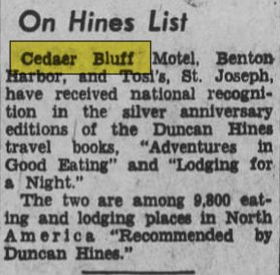 Cedaer Bluff Motel - Jan 1960 Motel Makes Duncan Hines List